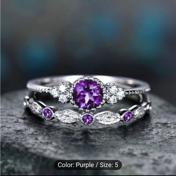 2 piece Marcus cut round cubic zirconia purple diamond stack ring - Picture 1 of 1